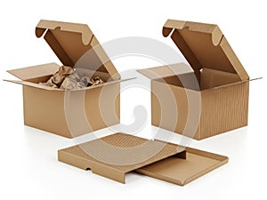 Three open cardboard boxes isolated on white background