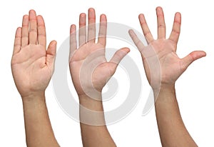 Three open hands on different positions.