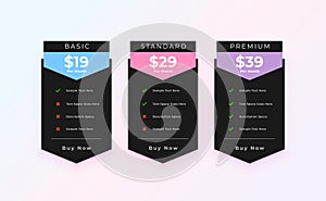 three option subscription pricing plan table layout design