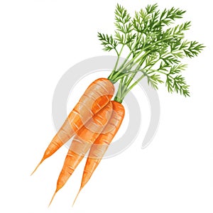 Three Orange Carrots with Green Tops on White Background