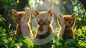 Three orange kittens sitting in the grass