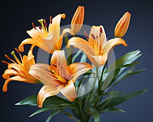 three orange lilies are in a vase on a dark background