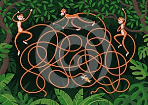 Three orange monkeys with long tails hang from vines in the dark jungle. Guess which monkey grabbed a banana with its tail?