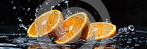 Three Oranges Falling Into Water on Black Background