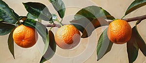 Three Oranges Hanging From Citrus Lucida Tree photo