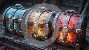 Three ornately carved wooden treasure chests rest upon a weathered wooden table.