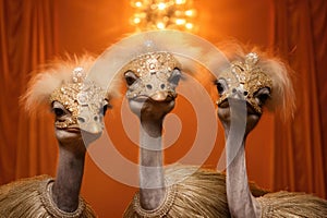Three ostriches with crowns in golden dresses