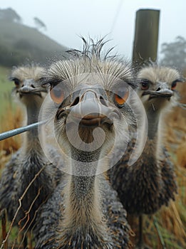 Three ostriches stare at the camera