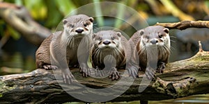 Three Otters Perched on Tree Branch