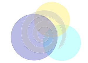 Three overlapping translucent circles in colors of light indigo light blue and light yellow white backdrop