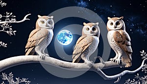 Three owls observe from a branch on a full moon night