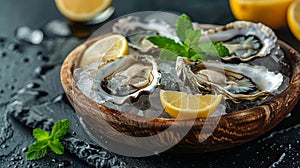 Three Oysters on Ice With Lemon Slices and Mint