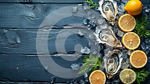 Three Oysters on Ice With Lemon Slices and Mint