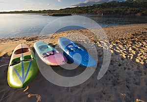 Three paddle boats or paddle skis on the beach