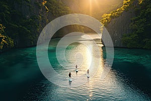 Paddleboarders explore a tranquil lagoon surrounded by cliffs during sunset photo