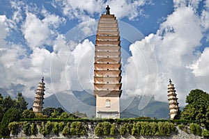 The Three Pagodas of the Chongsheng Temple near the old town of Dali in Yunnan province in China.