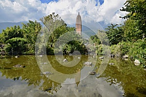 Three Pagodas of the Chongsheng Temple near the old town of Dali in Yunnan province in China.