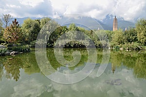 Three Pagodas of the Chongsheng Temple near the old town of Dali in Yunnan province in China.