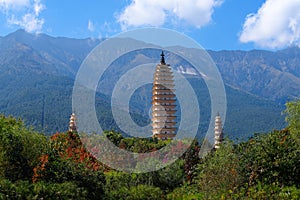 The Three Pagodas San Ta Si, dating back to the Tang period 618-907 AD, China, Dali, Yunnan, China. Dali, Yunnan, China -