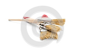 Three paint brushes on white background