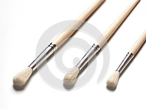 Three paint brushes on white background