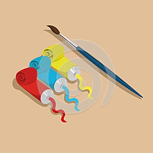 Three paint tubes and a brush with shadows