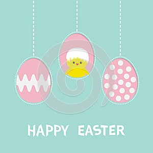 Three painting egg. Happy Easter text. Hanging painted egg set. Chicken baby bird with shell. Dash line. Greeting card. Flat desig