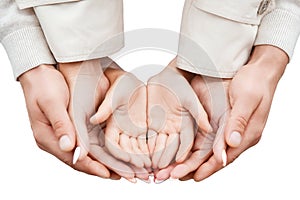 Three pairs of hands, family, father, mother and child, isolate on a white background