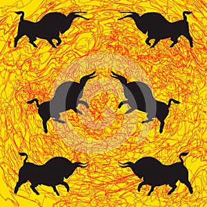 Black angry bulls fighting on yellow red backdrop