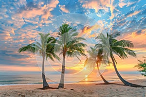 Three Palm Trees on a Beach at Sunset