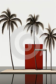 Three palm trees are in front of a red building. Generative AI image.