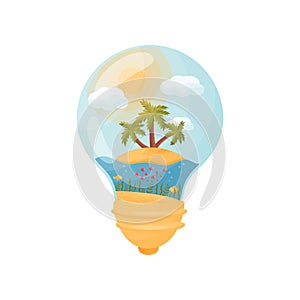 Three palm trees on the island in the middle of the sea. Figure inside the light bulb. Vector illustration