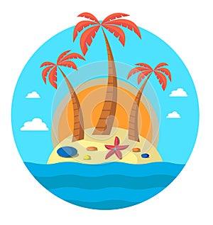 Three palm trees on island and the sun. On island there are starfish and stones. Editable. Vector flat illustration. Round