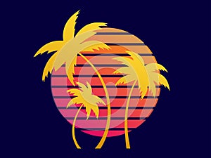 Three palm trees at sunset in a futuristic retro style. Summer time. Silhouettes of palm trees against the background of a