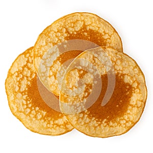 Three pancakes isolated on white from above. No topping