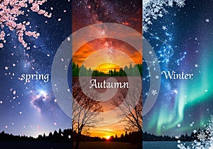 Three-panel image depicting spring, autumn, and