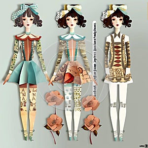 Three paper dolls with distinct features and attire, each adorned with intricate patterns and textures, arranged side by photo
