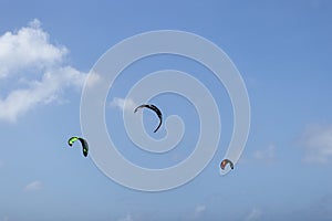 Three parachutes in the blue sky. Kiteboarding.