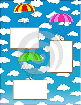 Three parachutes with white paper sheets for text.