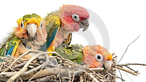 Three parrots with vibrant plumage in a nest made of twigs, against a white background