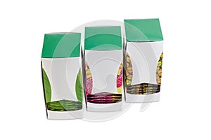 Three pasteboard boxes of tea bags with various green tea