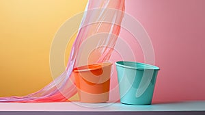 Ai generated Three Pastel Paint Buckets Spilling on a Brightly Splattered Canvas