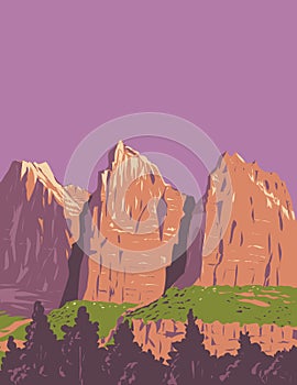 The Three Patriarchs in Zion National Park Utah USA WPA Art Poster