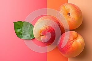 three peaches laid out on a background of bright brights