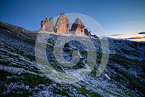 The Three Peaks of Lavaredo Tre Cime at sunset, Dolomites mountains, Italy, Europe