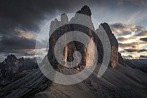 Three Peaks mountain summits in the Dolomite Alps in South Tyrol during sunset