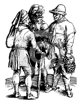 The Three Peasants was created by artist Albrecht DÃ¼rer, vintage engraving