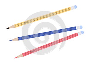 Three pencils with eraser, isolated on a white background. Design elements