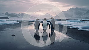 Three penguins in the Arctic, minimalism, wildlife, glaciers, cold, winter