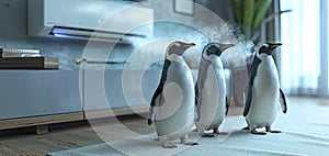 Three penguins cool down under the air conditioner on a hot summer day in a modern bright living room